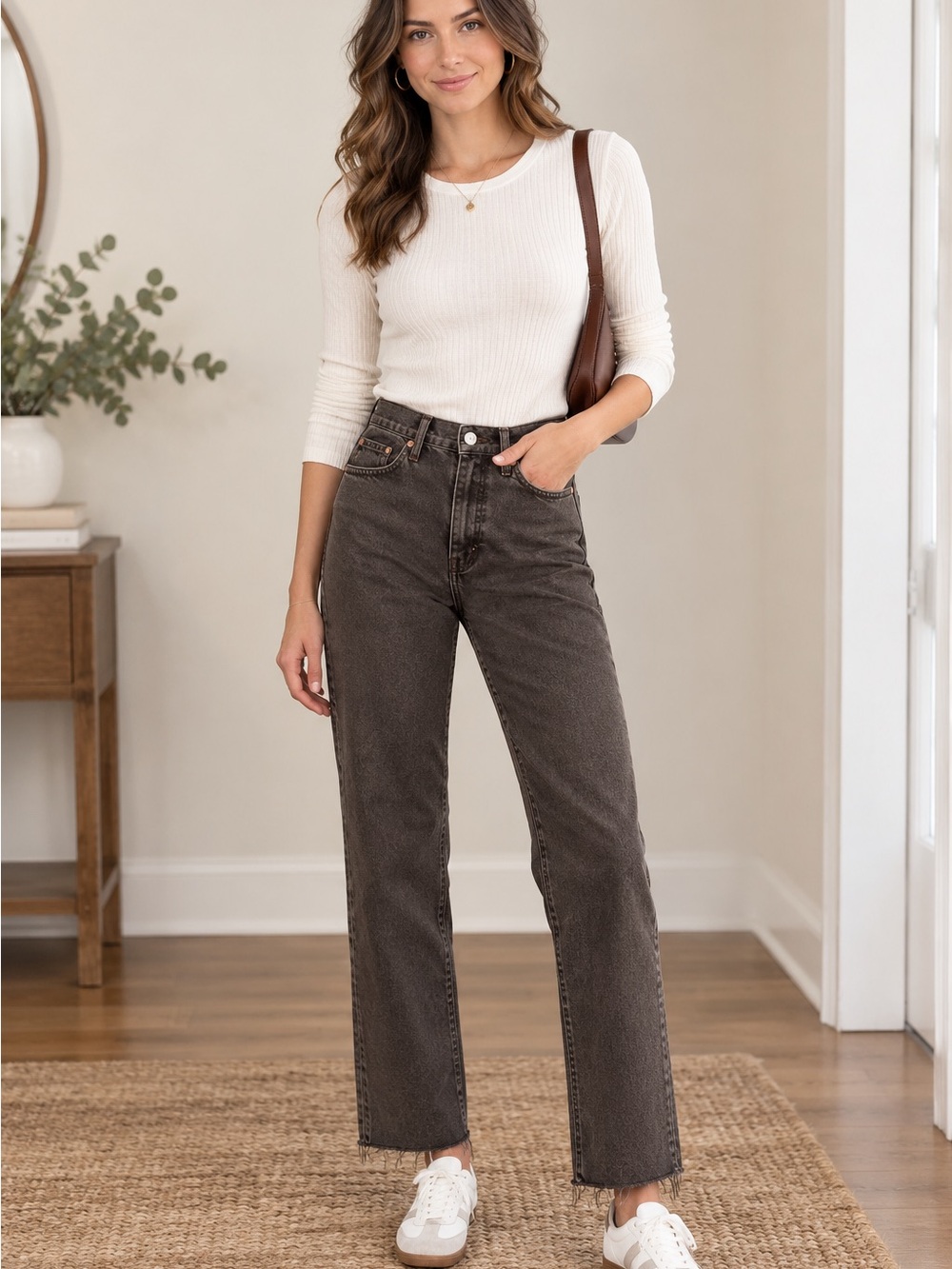 Re/Done High-Rise Straight Jeans in Dark Charcoal Brown